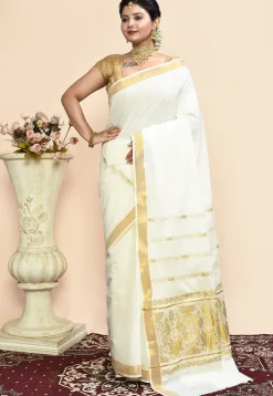 Kerela Kasavu Pure Cotton Saree in Off White