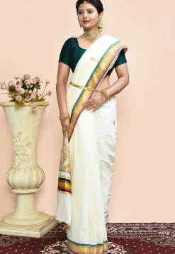 Kerela Kasavu Pure Cotton Saree in Off White