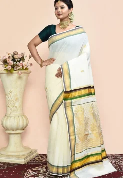 Kerela Kasavu Pure Cotton Saree in Off White