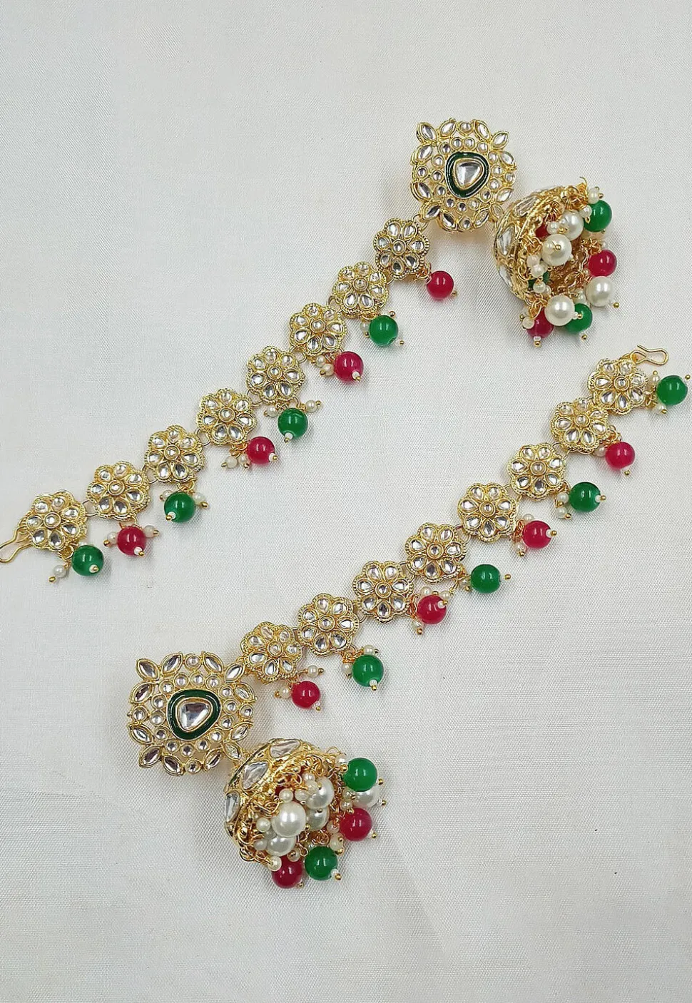 Kundan Jhumka Style Earrings with Ear Chain