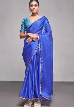 Lace Border Chiffon Saree in Royal Blue
