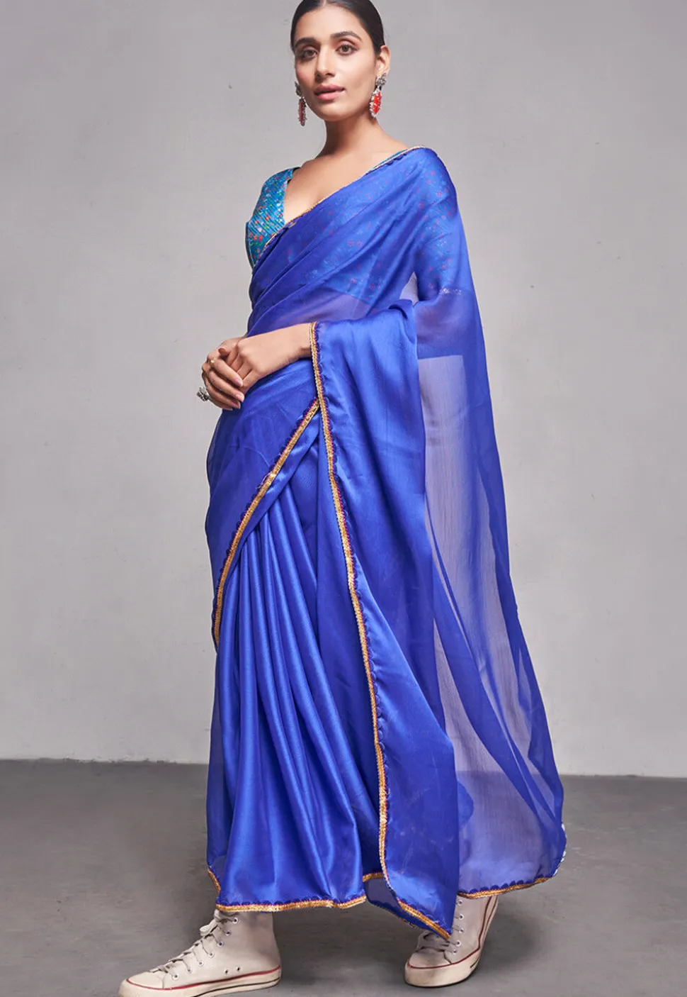 Lace Border Chiffon Saree in Royal Blue