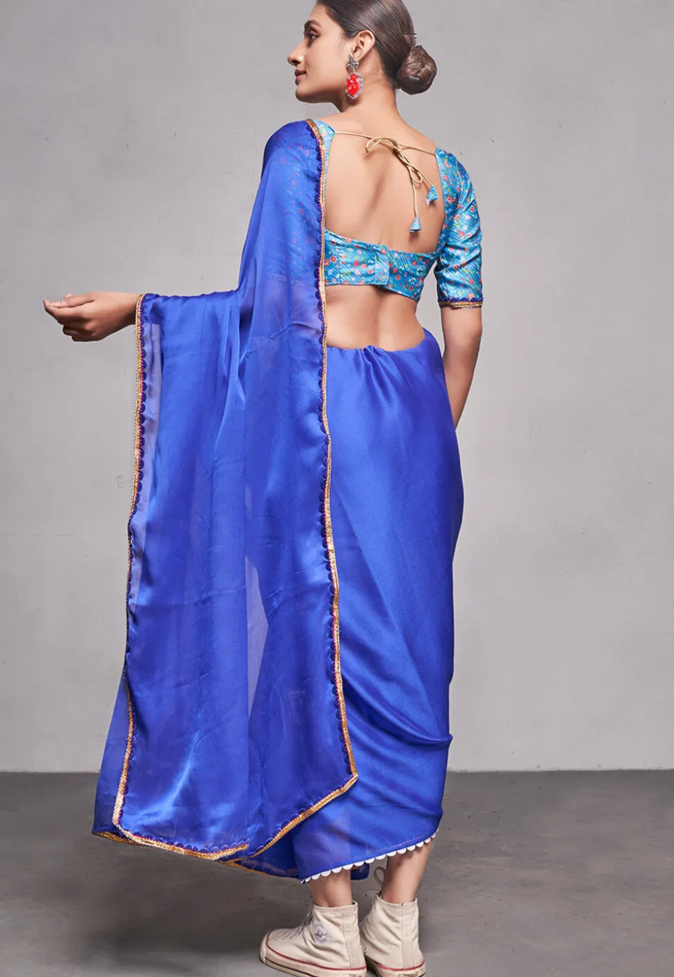 Lace Border Chiffon Saree in Royal Blue