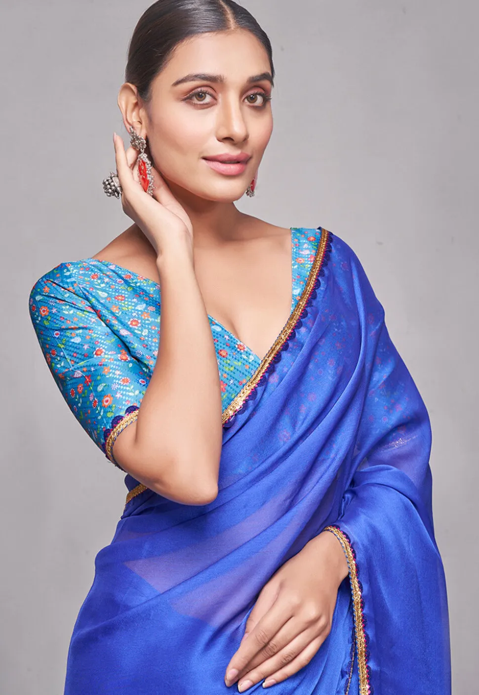 Lace Border Chiffon Saree in Royal Blue