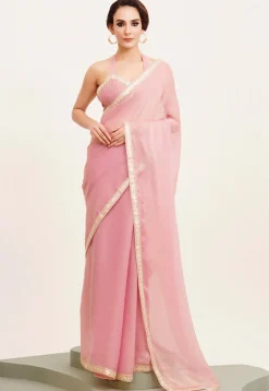 Lace Border Chiffon Saree in Pink
