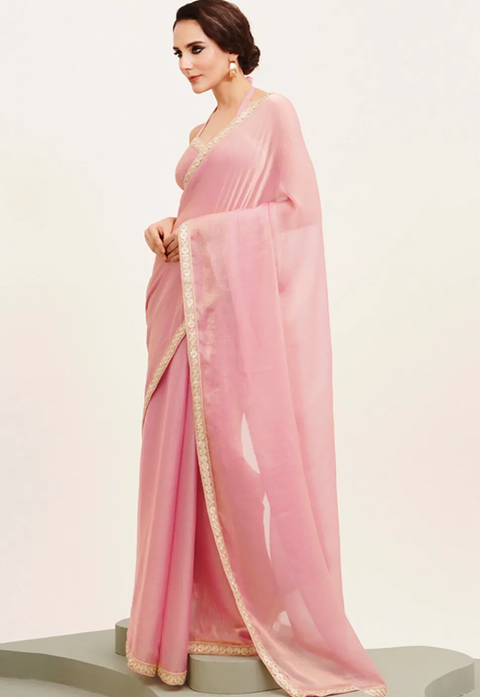 Lace Border Chiffon Saree in Pink