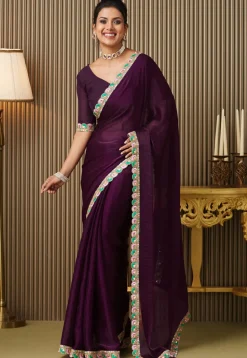Lace Border Chiffon Saree in Purple