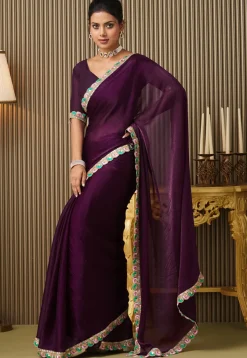 Lace Border Chiffon Saree in Purple