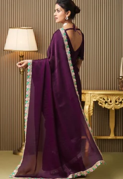Lace Border Chiffon Saree in Purple