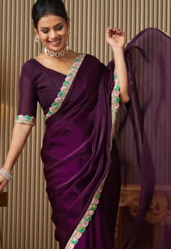 Lace Border Chiffon Saree in Purple