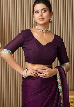 Lace Border Chiffon Saree in Purple