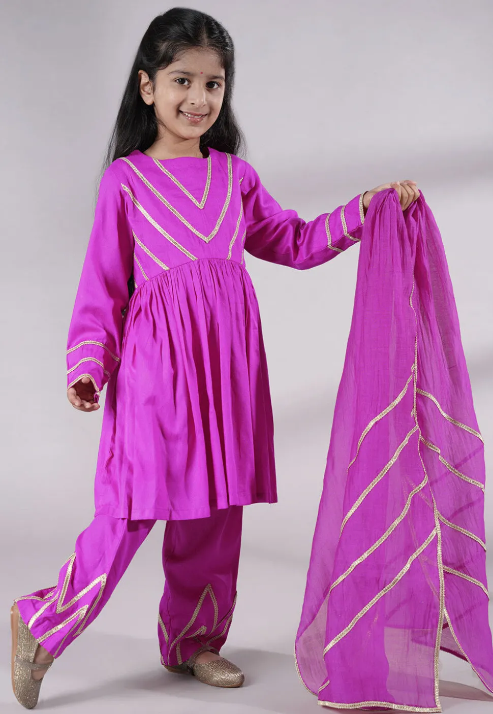 Lace Border Cotton A Line Suit in Magenta