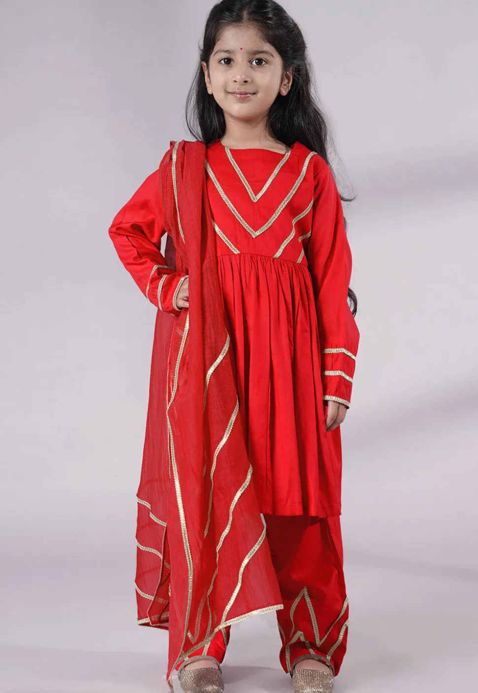 Lace Border Cotton A Line Suit in Red