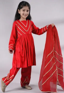 Lace Border Cotton A Line Suit in Red