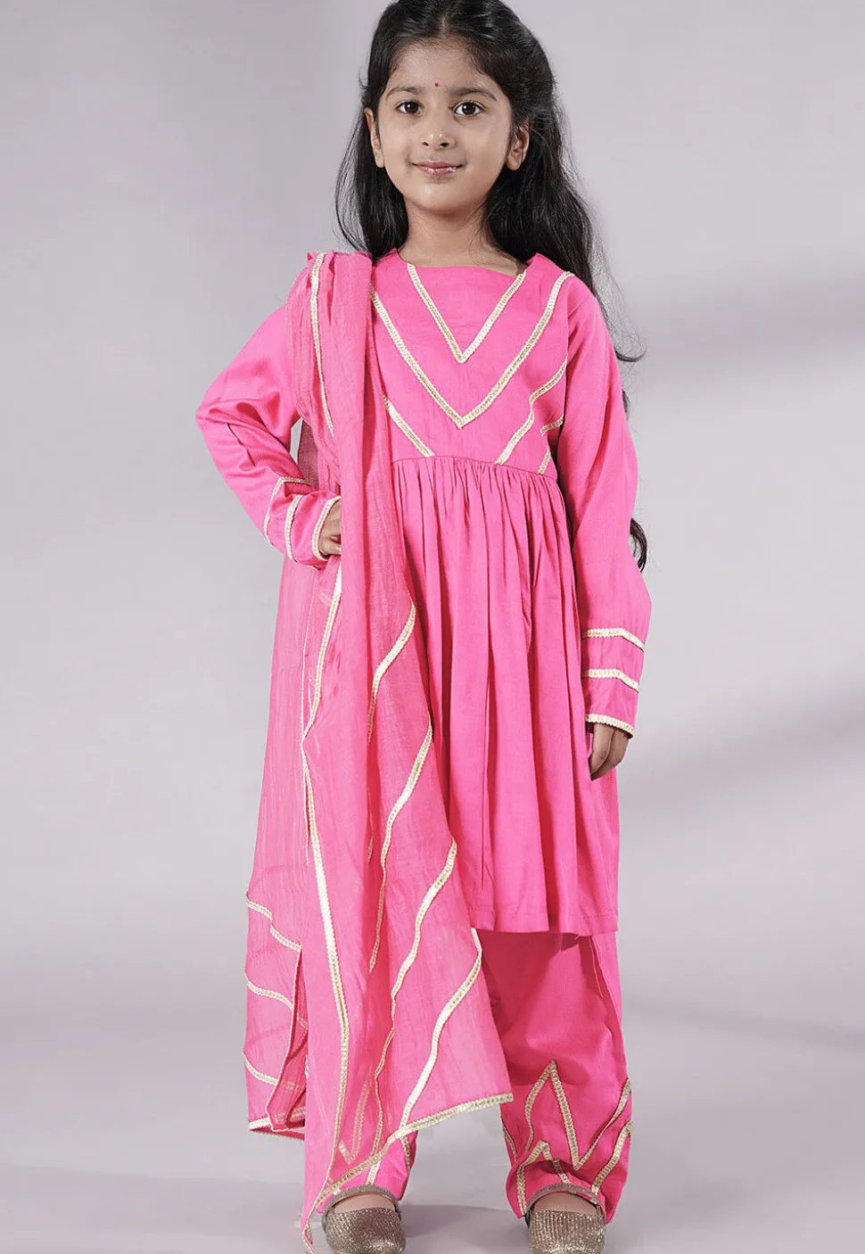 Lace Border Cotton A Line Suit in Pink