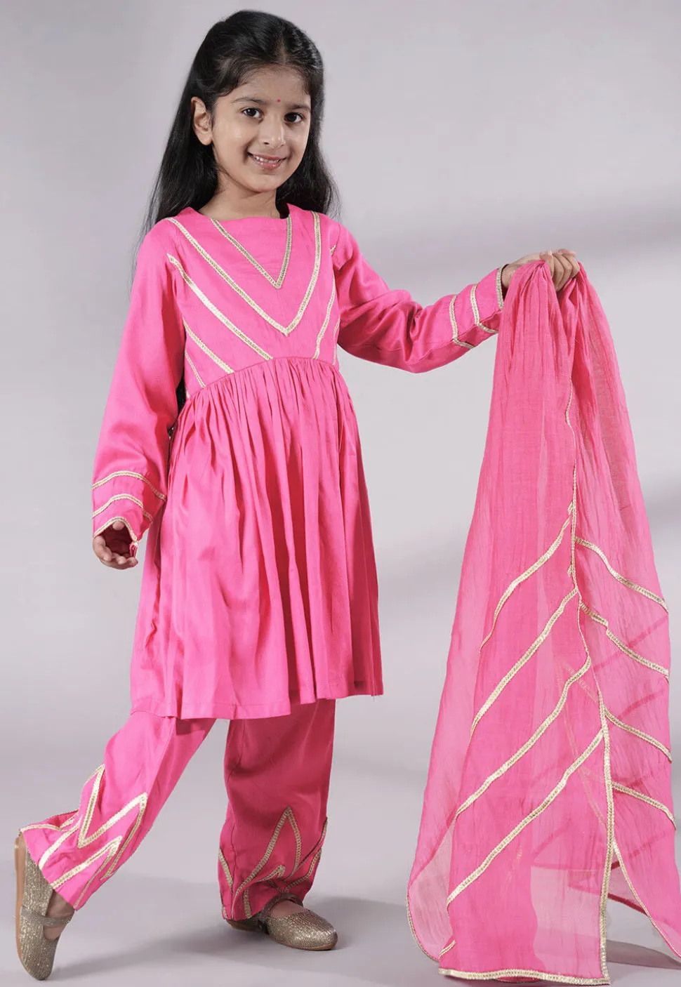 Lace Border Cotton A Line Suit in Pink