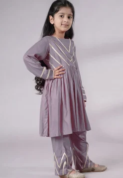 Lace Border Cotton A Line Suit in Grey