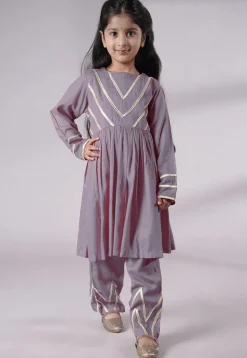 Lace Border Cotton A Line Suit in Grey