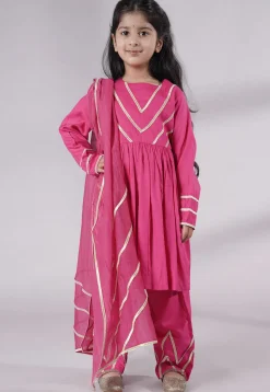 Lace Border Cotton A Line Suit in Pink