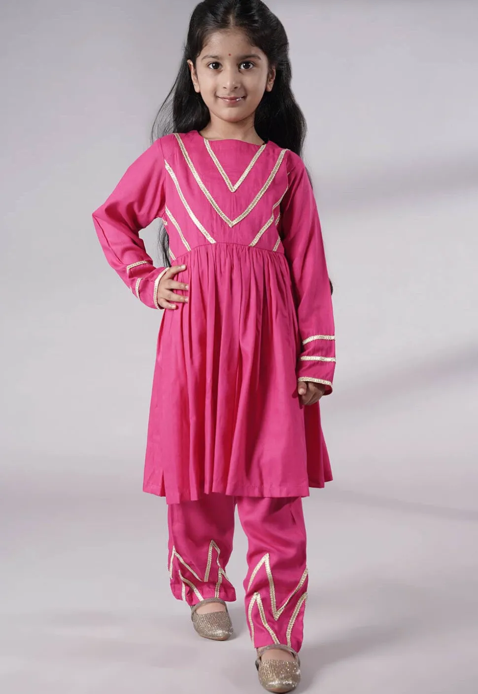 Lace Border Cotton A Line Suit in Pink