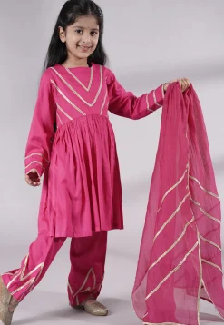 Lace Border Cotton A Line Suit in Pink