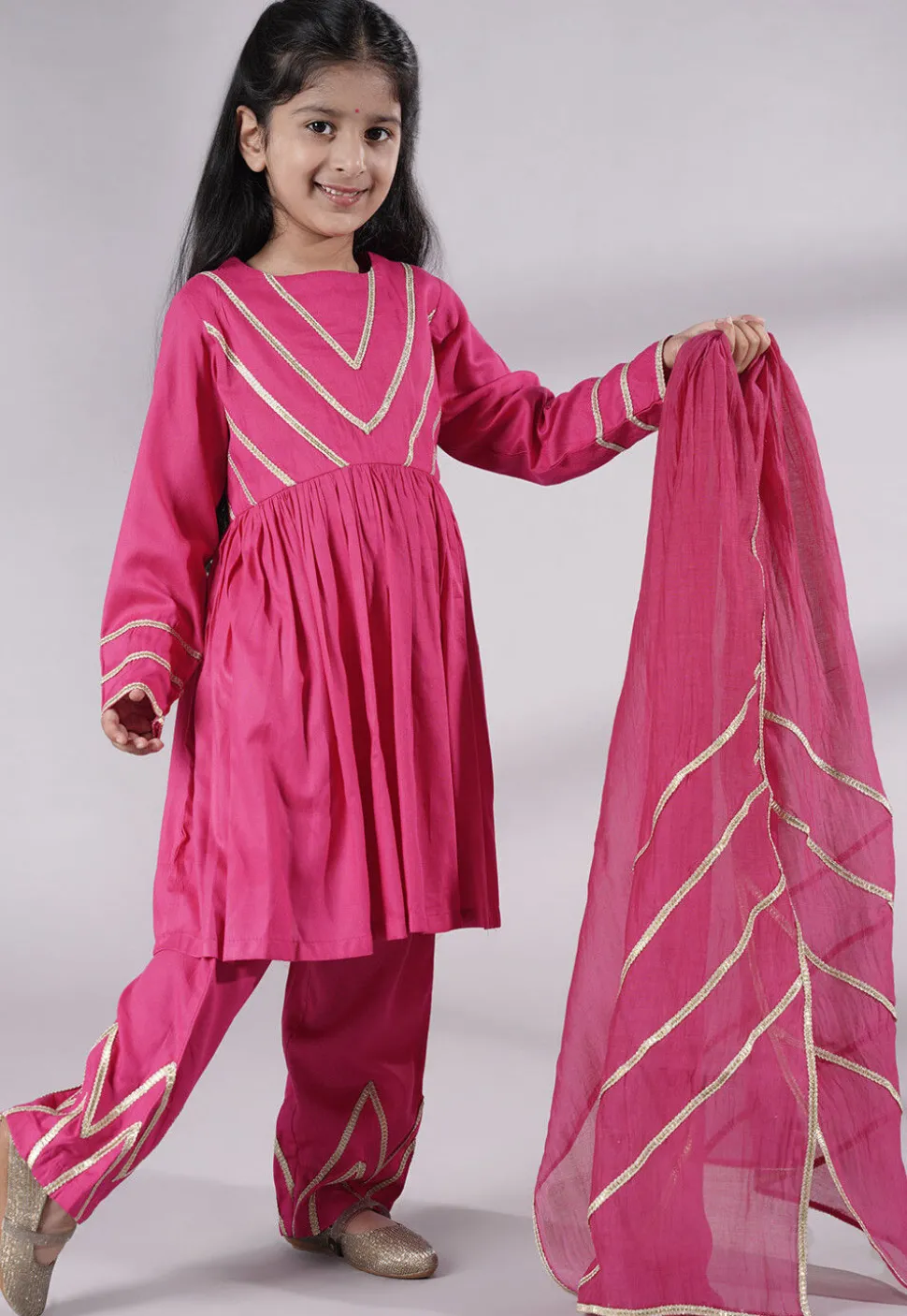 Lace Border Cotton A Line Suit in Pink