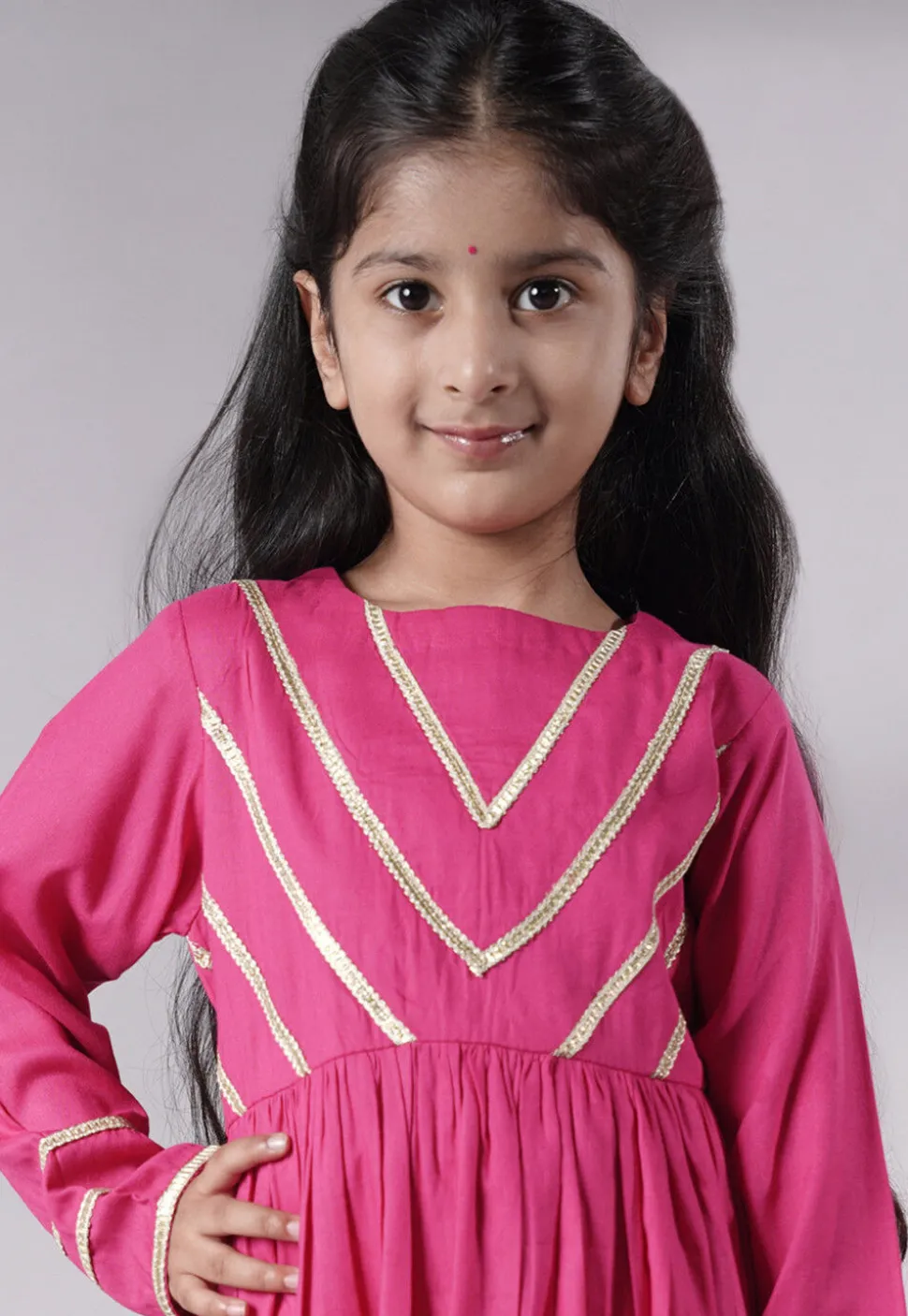 Lace Border Cotton A Line Suit in Pink