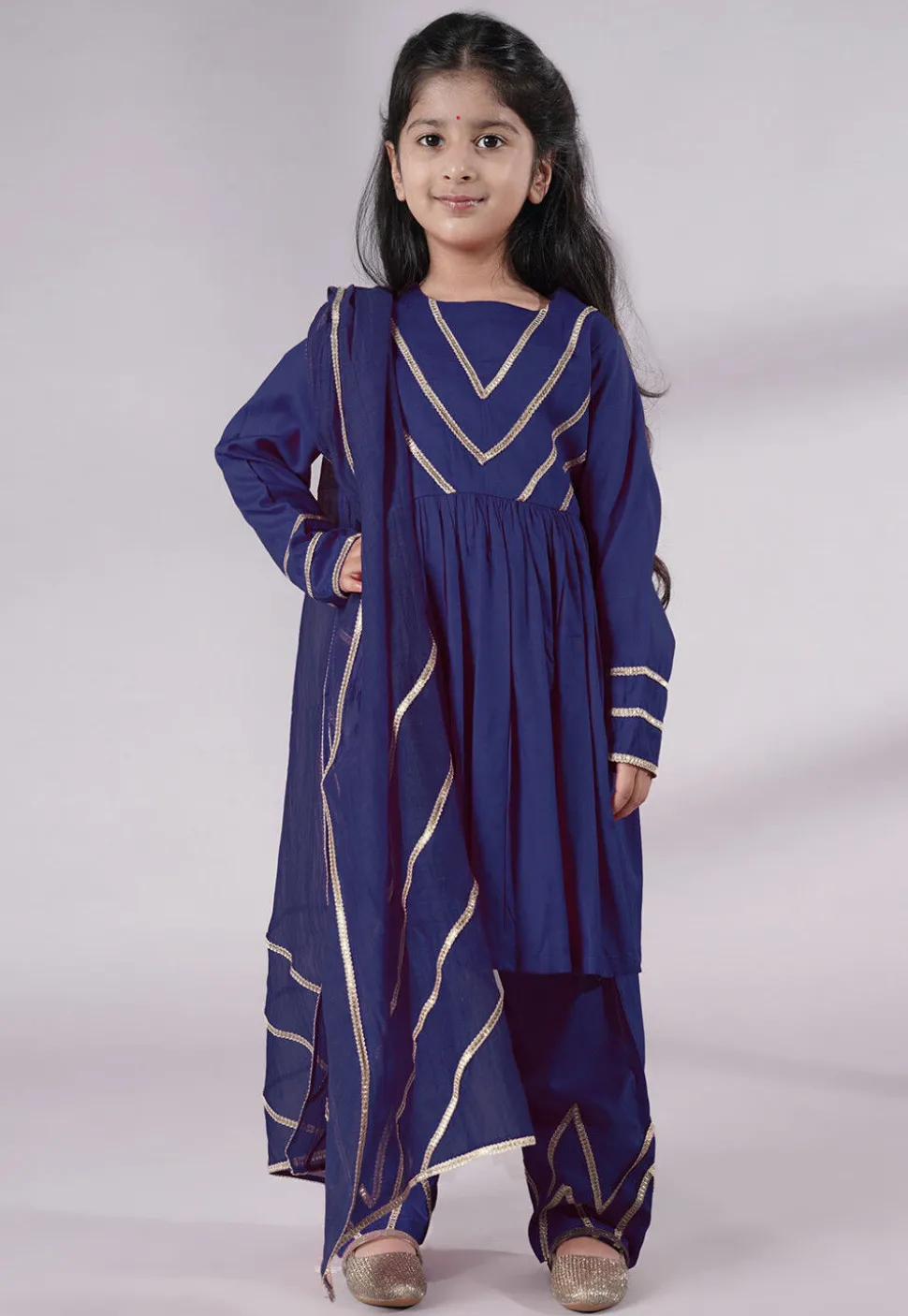 Lace Border Cotton A Line Suit in Navy Blue