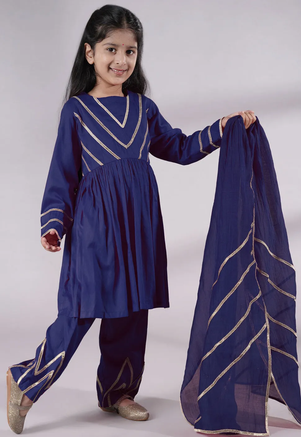 Lace Border Cotton A Line Suit in Navy Blue