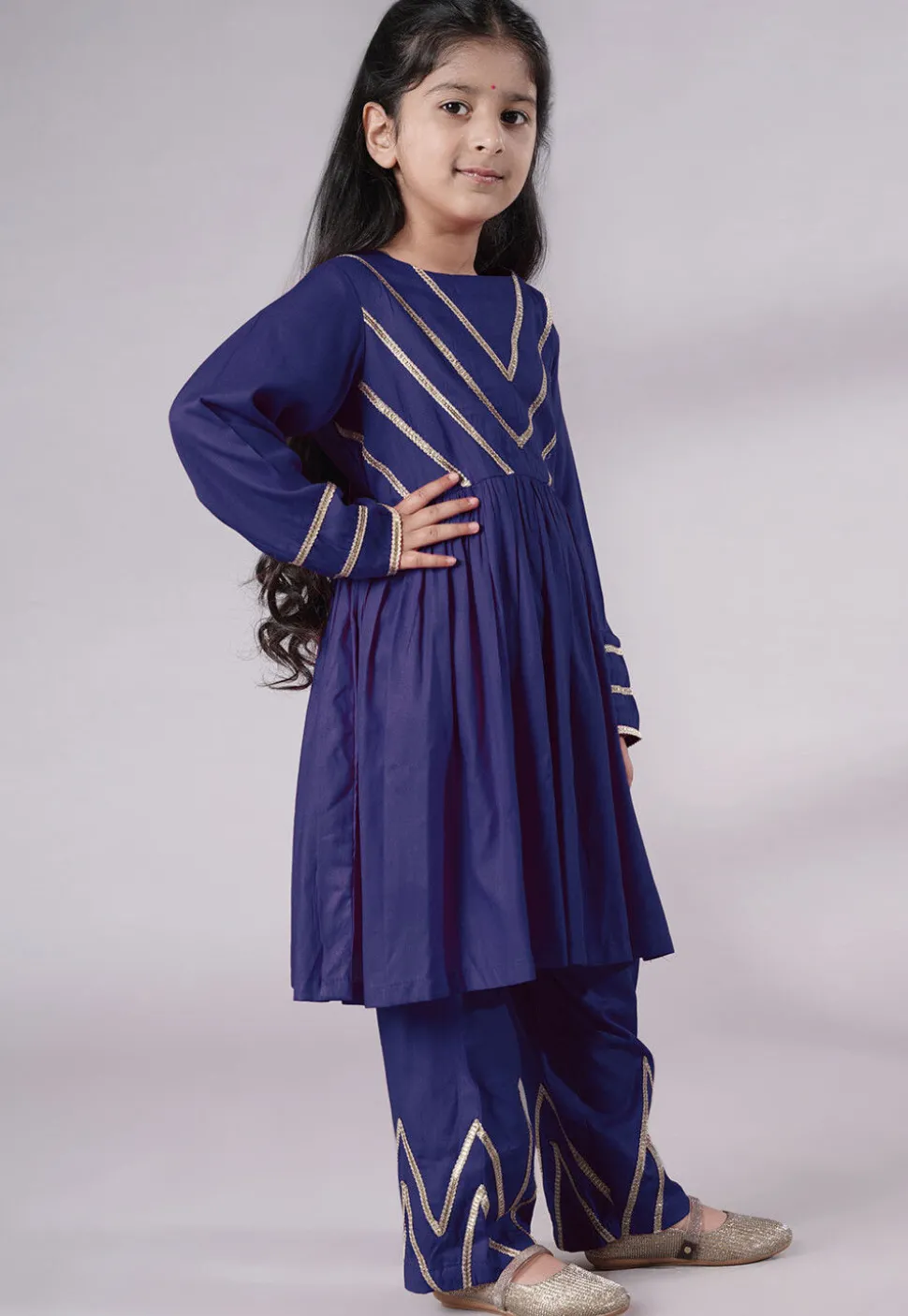Lace Border Cotton A Line Suit in Navy Blue