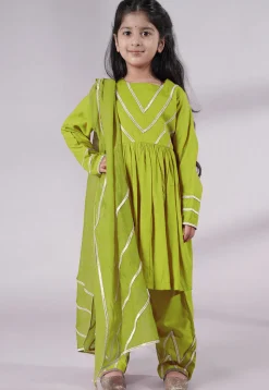Lace Border Cotton A Line Suit in Olive Green