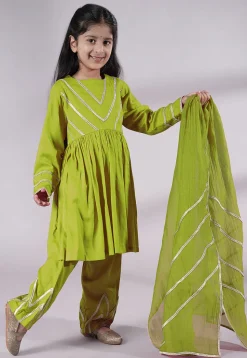 Lace Border Cotton A Line Suit in Olive Green