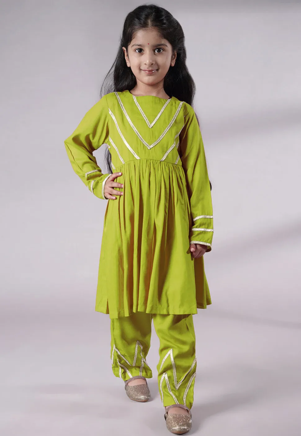 Lace Border Cotton A Line Suit in Olive Green