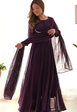 Lace Border Georgette Abaya Style Suit in Wine