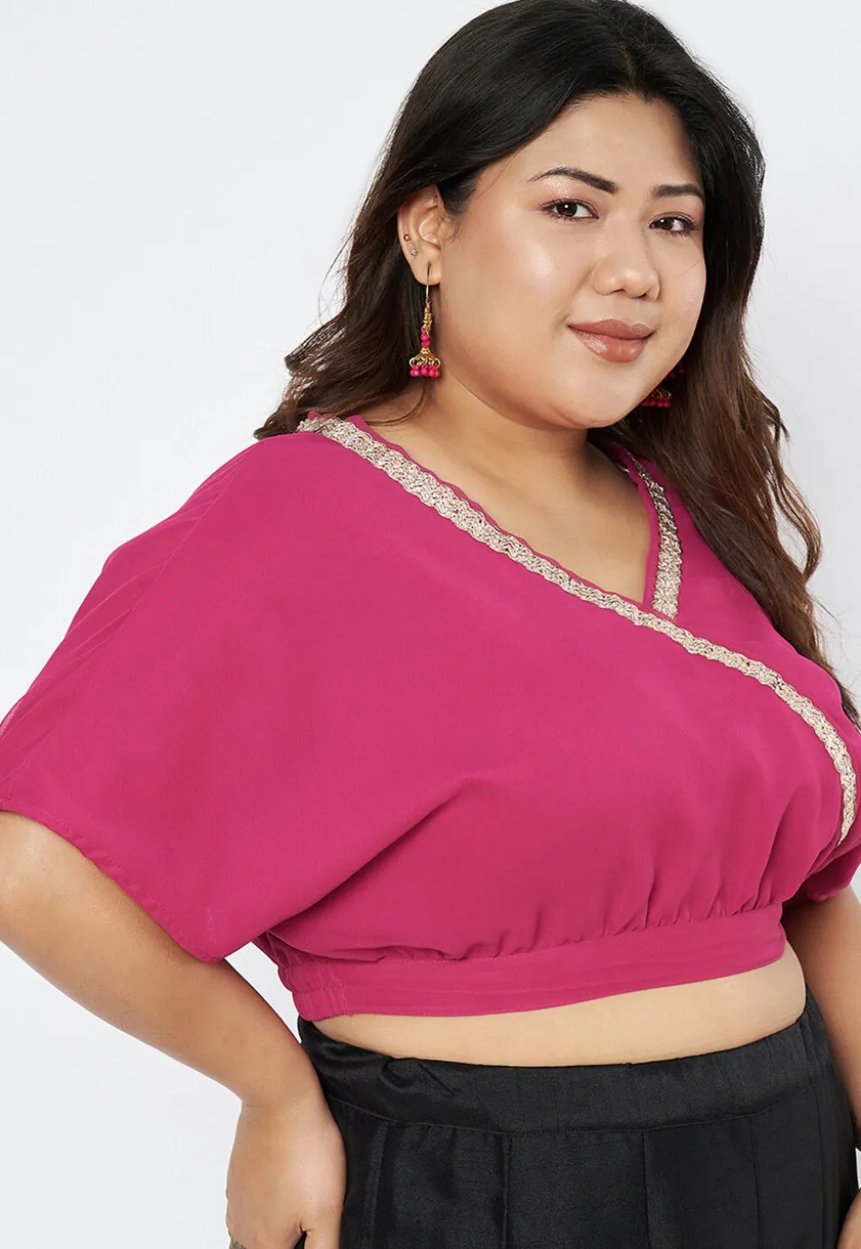 Lace Border Georgette Blouse in Fuchsia