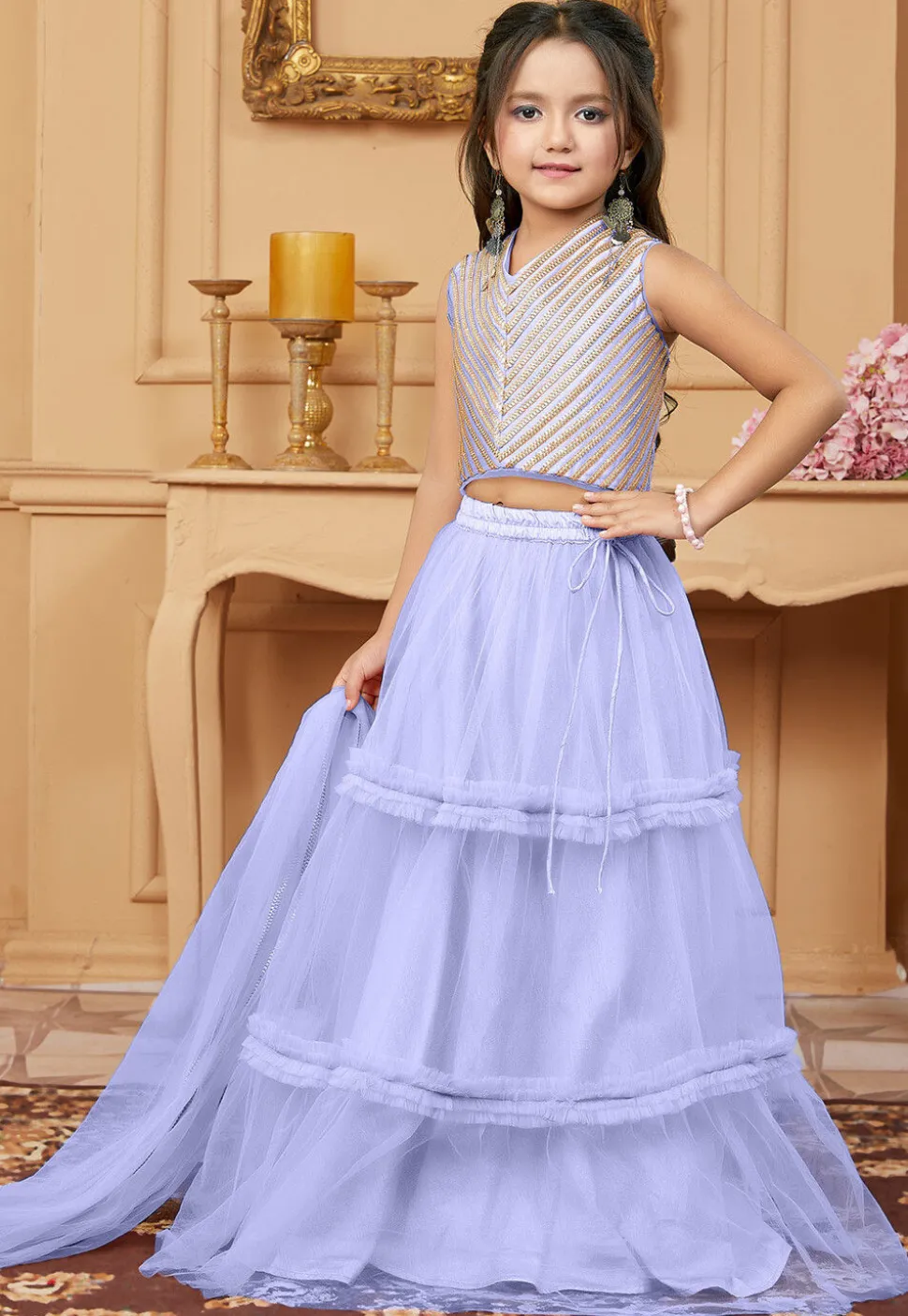 Lace Border Net Lehenga in Light Purple