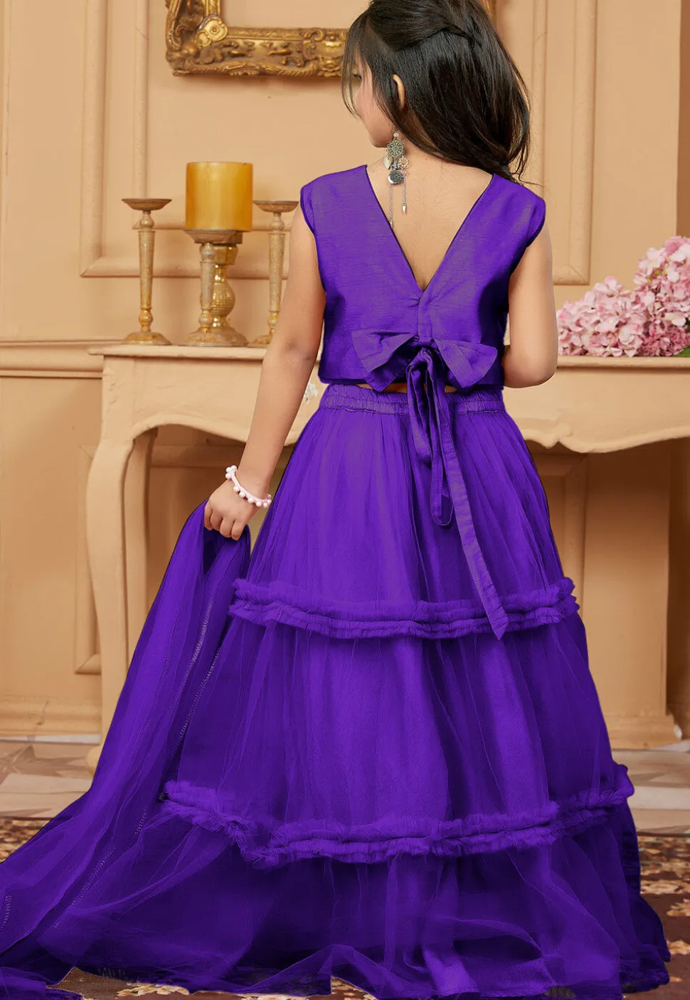 Lace Border Net Lehenga in Dark Purple