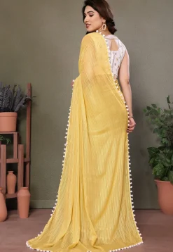 Lace Border Polyester Saree in Yellow