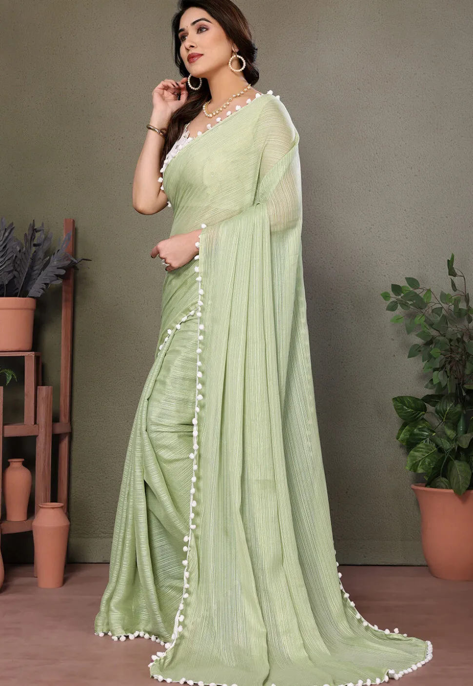 Lace Border Polyester Saree in Pastel Green