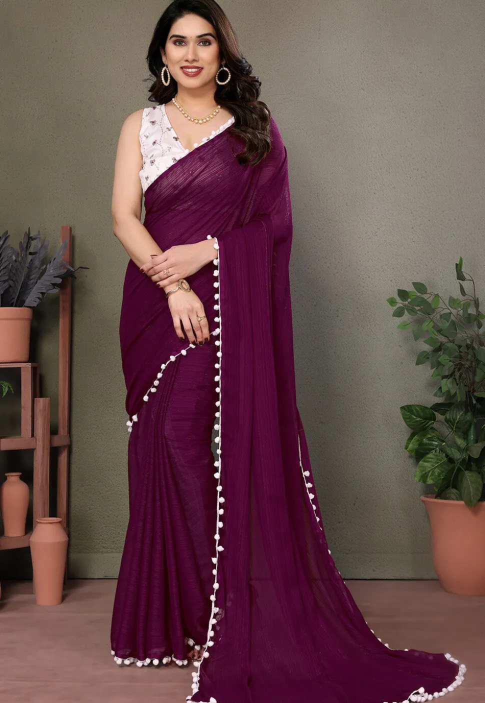 Lace Border Polyester Saree in Purple