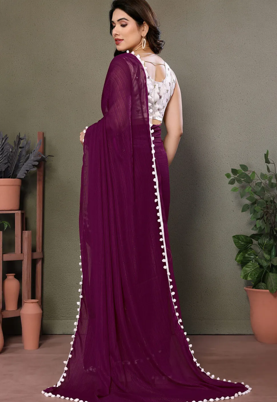 Lace Border Polyester Saree in Purple