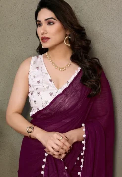 Lace Border Polyester Saree in Purple