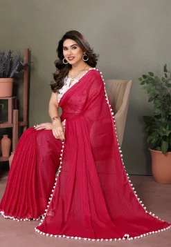 Lace Border Polyester Saree in Fuchsia