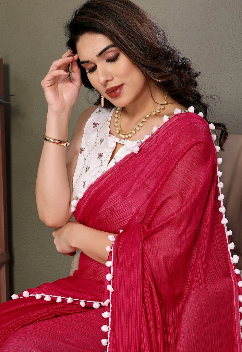 Lace Border Polyester Saree in Fuchsia