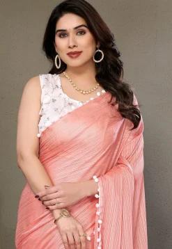 Lace Border Polyester Saree in Peach
