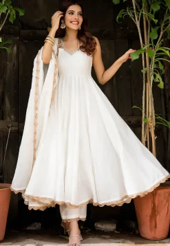Lace Border Pure Chanderi Silk Anarkali Suit in White