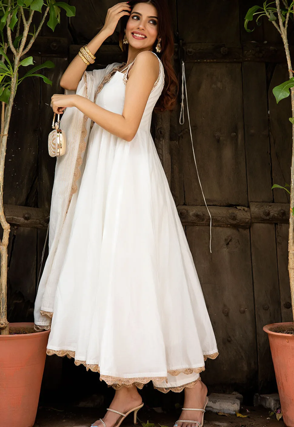 Lace Border Pure Chanderi Silk Anarkali Suit in White