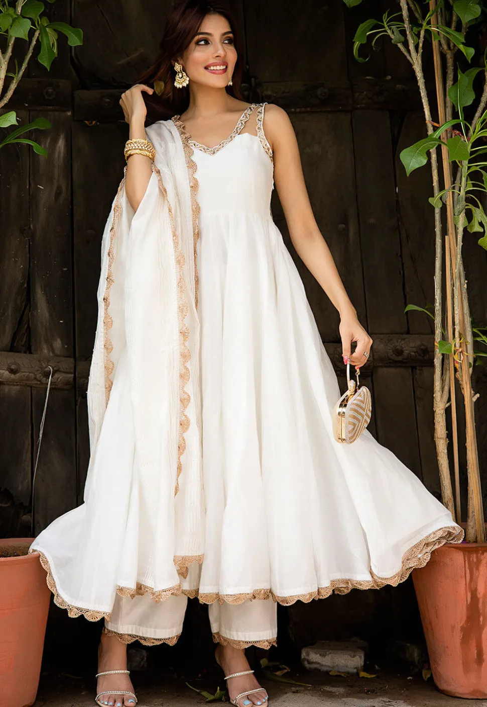 Lace Border Pure Chanderi Silk Anarkali Suit in White