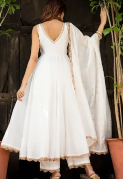 Lace Border Pure Chanderi Silk Anarkali Suit in White