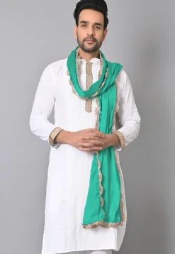 Lace Border Satin Men Dupatta in Sea Green